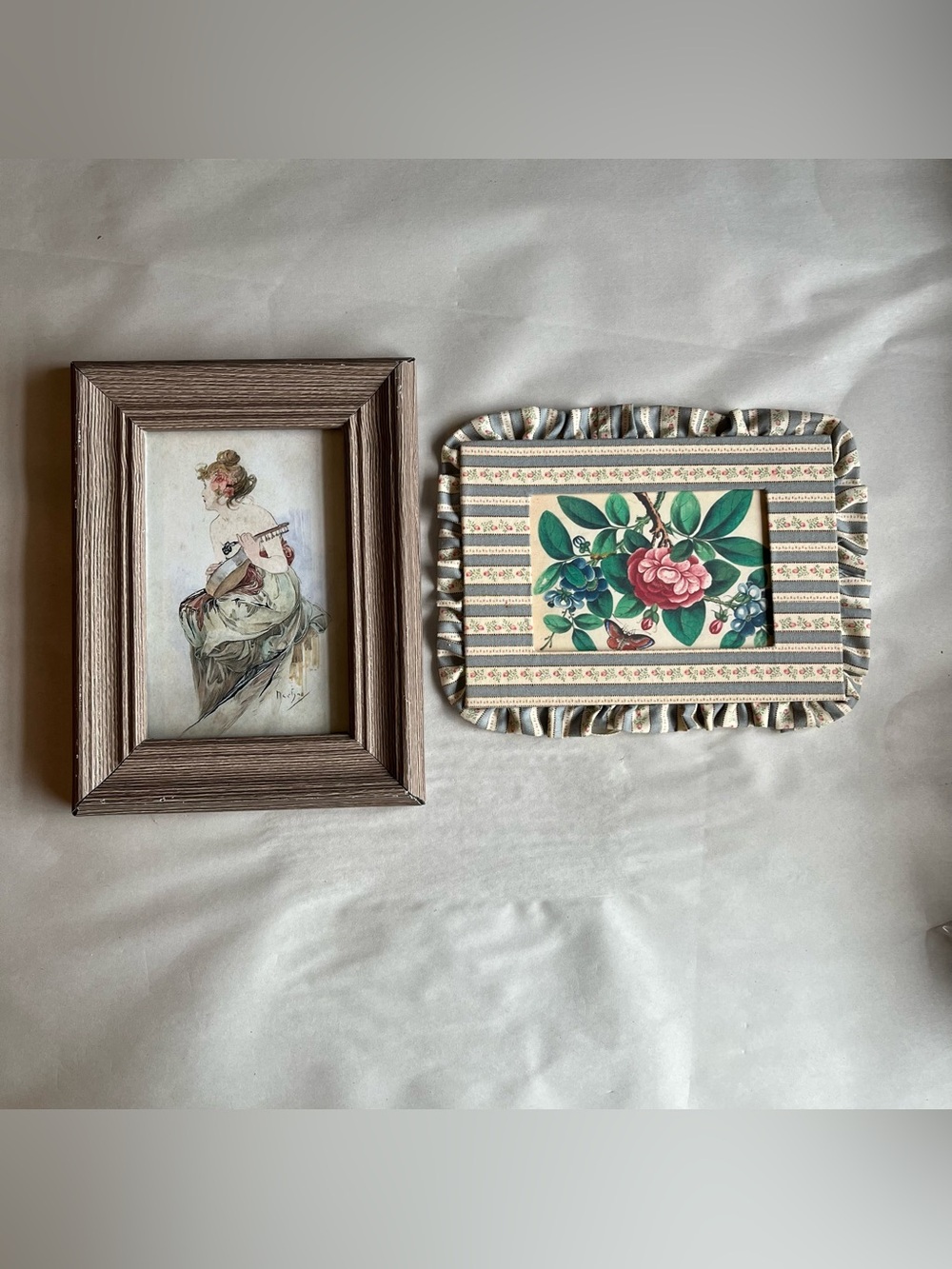 Vintage Fabric Wood Picture Photo Frames w/ Fine Art Prints-Set of 2